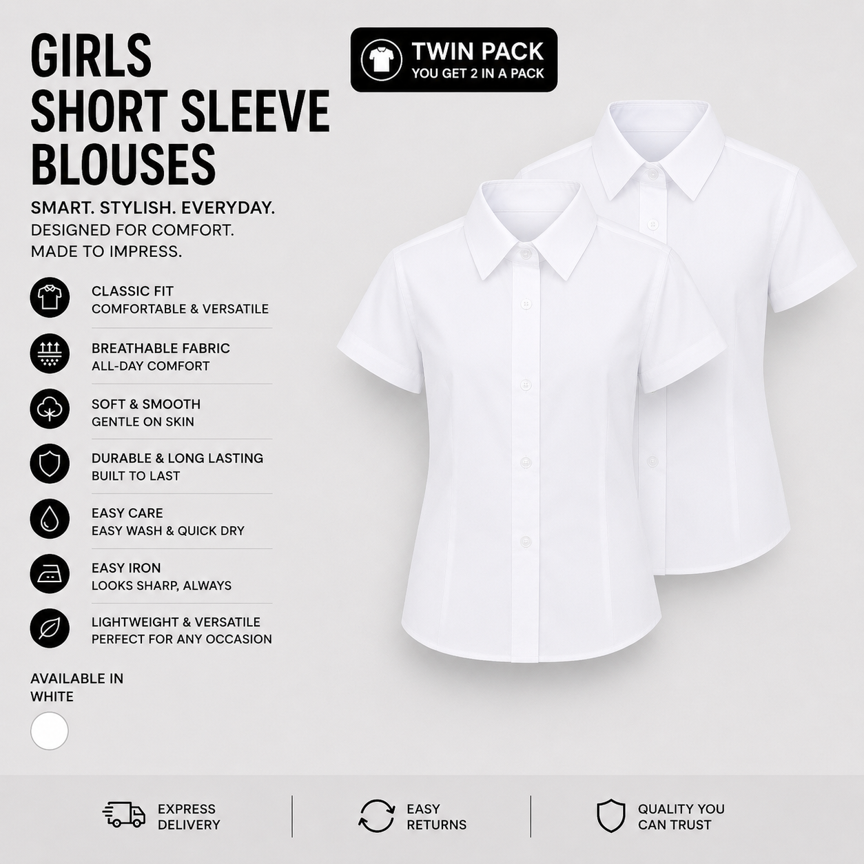 Plain Girls White Blouse (Twin Pack)